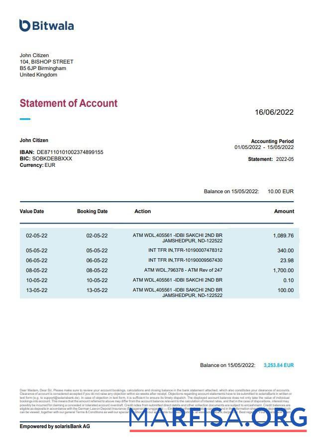 Downloadable United Kingdom Bitwala bank statement word sample